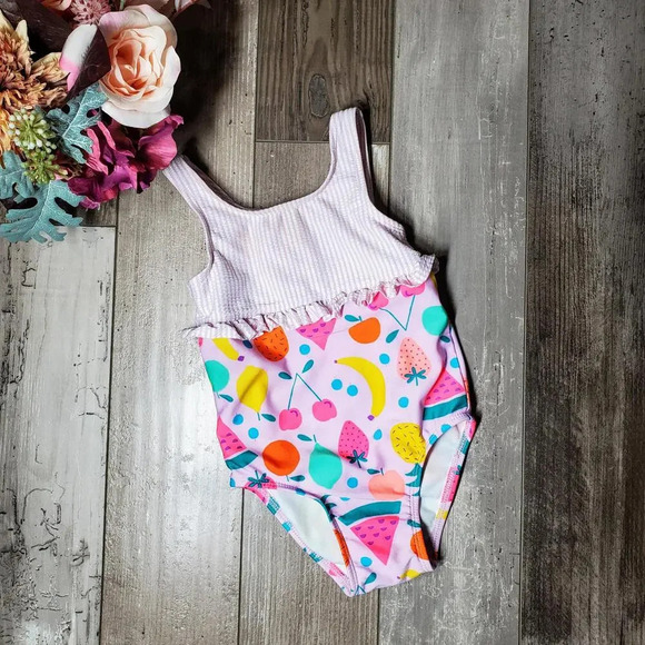 Cat & Jack Purple Striped Fruit Pattern One Piece Swimsuit Toddler Girl Size 2T - Picture 2 of 9